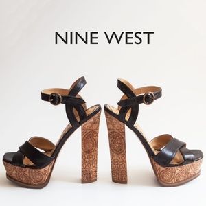 Nine West Black Platform Sandals with High Block Heels
